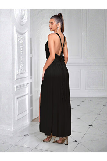 FASHION COCKTAIL Helen Knitted Back Tie Matte Soft Satin Slit Bohemian Summer Long Hellenistic Evening Dress