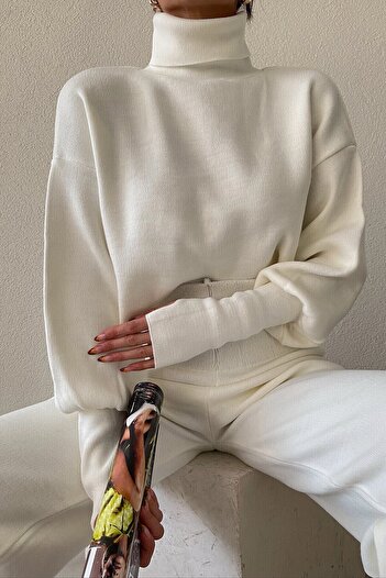 barış sülün lovebox Hand-stitched Flexible Knitwear Ecru Crop and High Waist Ecru Knitwear Trousers Top and Bottom Set 015