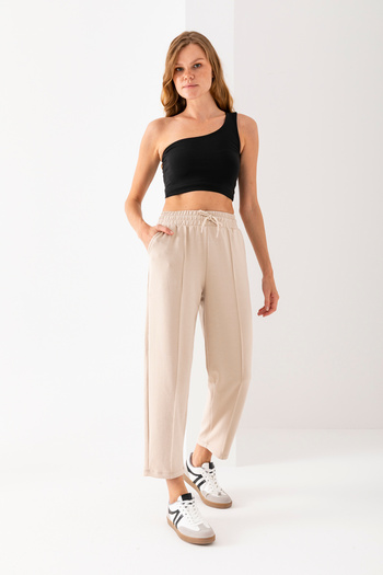 Alos Women's Beige Balloon Pattern Striped High Waist Modal Soft Textured Lycra Trousers with Elastic Waist