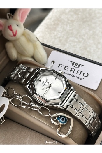 FERRO Steel Cord Silver Color Waterproof, Guaranteed Women Wristwatch+Bracelet
