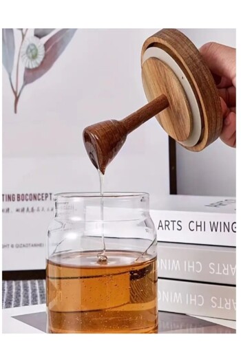 SyaMAG Glass Jar for Honey, Syamag, with Wooden Lid and Attached Spoon, 450 ml