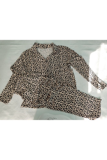 sayina Women's Leopard Patterned Soft Cotton Shirt Buttoned Pajama Set