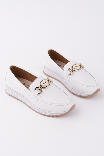 meyra'nın ayakkabıları Women's White Leather Heart Buckle Orthopedic Sole Ballerinas