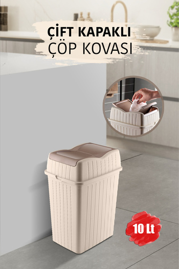 MYBOX 10 L - Double Lid Slim Trash Can - Decorative Home Office Bathroom & Kitchen Organizer Waste Bin Cream