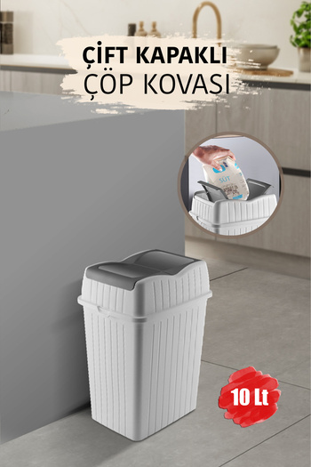 MYBOX 10 L - Double Lid Slim Trash Can - Decorative Home Office Bathroom Kitchen Organizer Waste Bin White