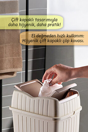 MYBOX 22 L - Çift Kapaklı Slim Çöp Kovası - Dekoratif Ev Ofis Banyo & Mutfak Düzenleyici Çöp Kutusu Krem