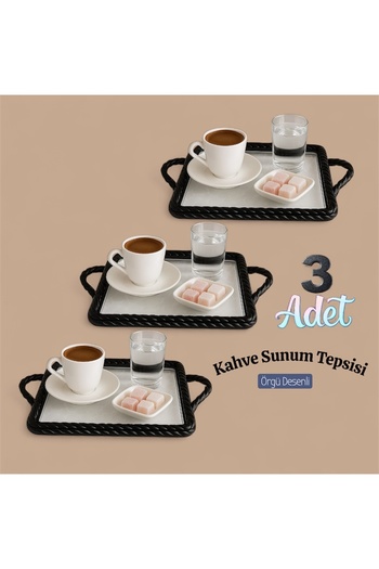 Dem Home 3 Pieces Coffee Presentation Tray with Mesh Pattern Rectangular Black
