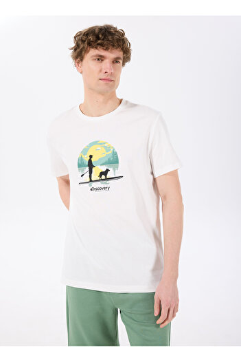 Discovery Expedition D5SM-TST3878 Kırık Beyaz Bisiklet Yaka Relaxed Baskılı Erkek T-Shirt