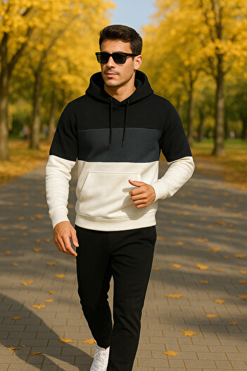 Pobudo Oversize Black Color Smoked Stripe Hooded Tracksuit Set