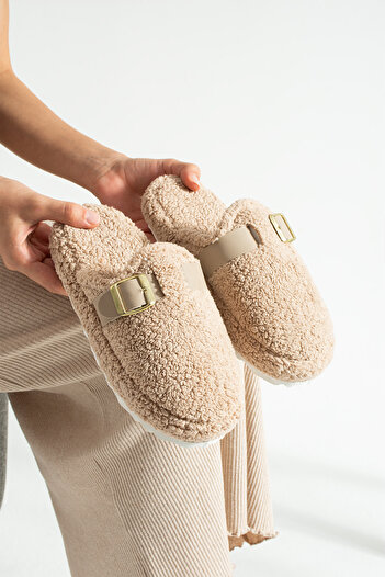 Moda Devrin Beige Buckle Towel Winter Women's Slippers