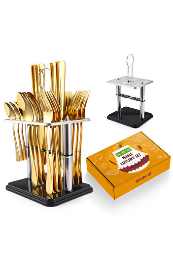 Trendy's 24-piece stainless steel cutlery set, for 6 people, with stainless steel stand, TRENDY'S, gold