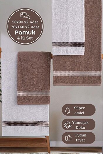 MODALİN 50x90 + 70x140 см Набір з 4 рушників для ванної кімнати Elvin Коричневий - Білий