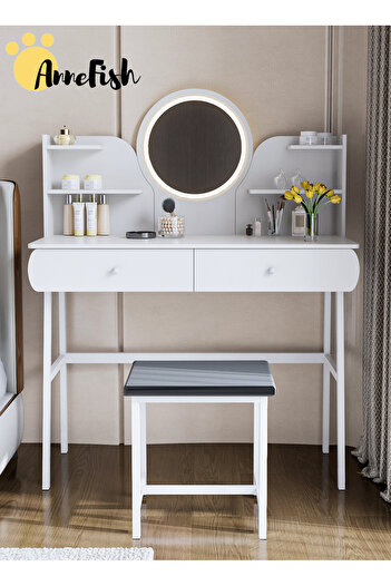 AnneFish Bedroom Dresser Stool Set LED Light Mirror Drawers Make Up Vanity Table 3 Levels Light Intensity USB