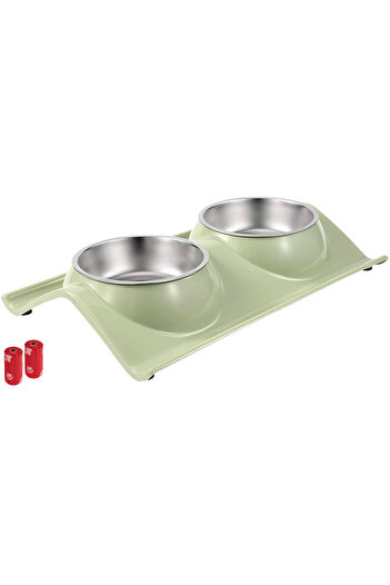 FizioTab Castron Hranire cu 2 Boluri Inox, FizioTab® – Pentru Caini de Talie Mica si Pisicute, Verde