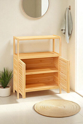Digithome Bambu Çift Kapaklı 2 Raflı Banyo Düzenleyici Organizer Yatay Dolap DB-0038
