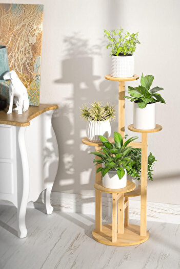 Digithome Bambu Yuvarlak Form 5 Raflı Saksılık Saksı Standı Çiçeklik Organizer DB-0036
