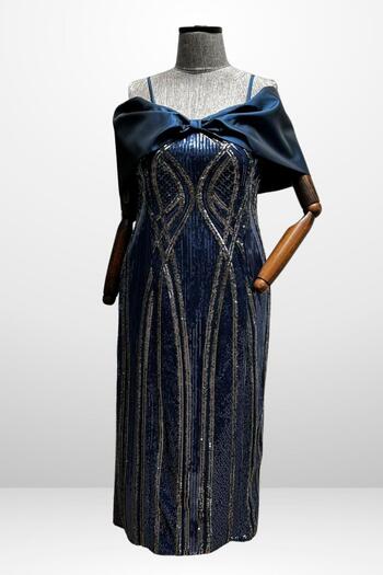 By Saygı Women's Thin Strap Satin Bow Boat Neck Sequin Embroidered Lined Plus Size Midi Dress
