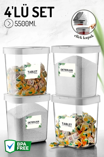 Nandy Home 4-Piece Mega Size Click Lid, Detergent and Dishwashing Tablet Storage Container Set - 5500ml with Label Gift.