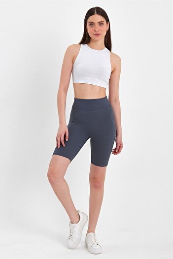 BANEGA Women's High Waist Tightening Anthracite Ribbed Biker Shorts Short Tights