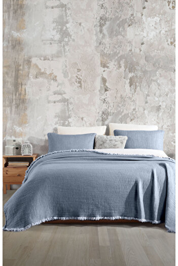 destinyhometex Indigo 6 Layer Muslin Double 220x240 Quilt/2 Pieces 50x70cm Pillow Case 6 Layer Multi Muslin