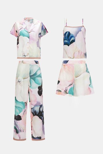 Amarelle Paradise Floral Pattern Woven Viscose Front Buttoned 4 Piece Pajama Suit Set