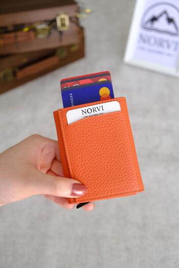 Norvi Leather Mechanism Automatic Genuine Leather Card Holder Orange 1041