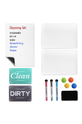 Om Magnetic fridge board set + 3 boards, 3 markers, sponge, Clean/Dirty dishwasher magnet