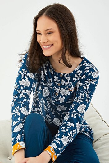 Pierre Cardin Mavi Kadın Uzun Kol Pijama Takım