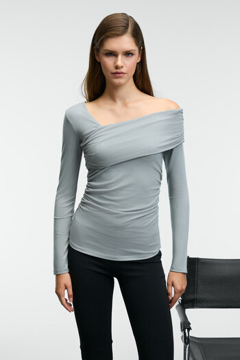 GRIMELANGE Velmea Women's Asymmetrical Collar Shoulder Detail Slim Fit Light Gray Blouse