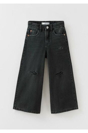 Kids Girl's Black Ripped Detailed Slim Fit Denim Wide Leg Trousers with Slits at the Leg