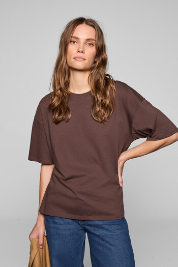 GRIMELANGE Lagertha Women's 100% Organic Cotton Thick Textured Oversize Fit Round Neck Dark Brown T-Shirt