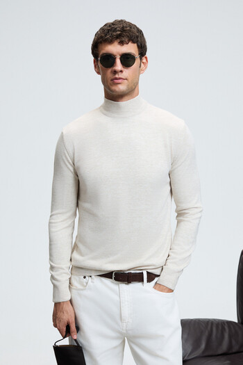 GRIMELANGE Rebel Men's Half Turtleneck Basic Regular Fit Knitwear Beige Sweater