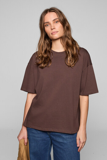 GRIMELANGE Lagertha Women's 100% Organic Cotton Thick Textured Oversize Fit Round Neck Dark Brown T-Shirt
