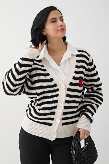 InStyle Πλεκτή Ζακέτα Heart Stripe Ecru