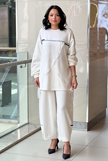 Ghisa Breast Stripe Stone Chiffon Detailed Tunic Trousers Set