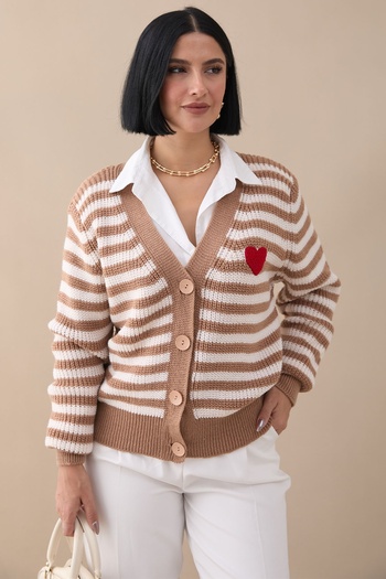 InStyle Πλεκτή Ζακέτα Heart Stripe Camel