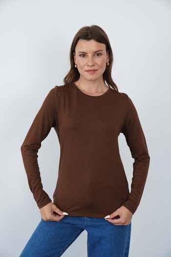 penyebizden Γυναικείο T-shirt με λαιμόκοψη Viscose Lycra μακρυμάνικο-καφέ