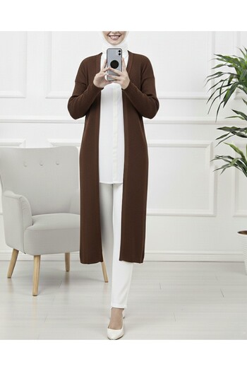 Modamorfo Ribbed Long Knitwear Cardigan with Side Slits - Brown