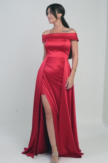 By Saygı Women's Madonna Neck Front Gathered Lined Satin Long Dress with Cape