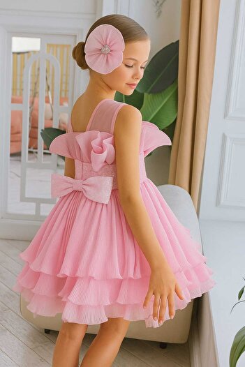 By Feyza Kids Collection By Feyza Kız Çocuk Pembe Kısa Payetli Abiye Toka Dahil Kat Kat Elbise 3-12 Yaş