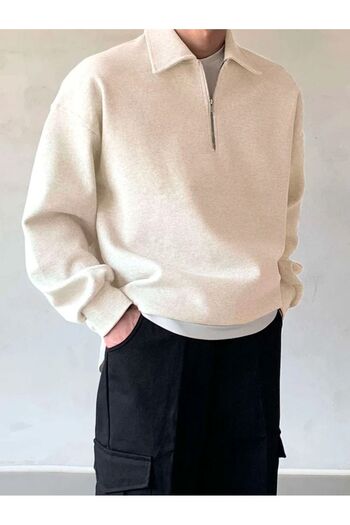 COMBİNE MİCHAİL Ανδρικό φούτερ Polo Neck Ecru - Μισό φερμουάρ
