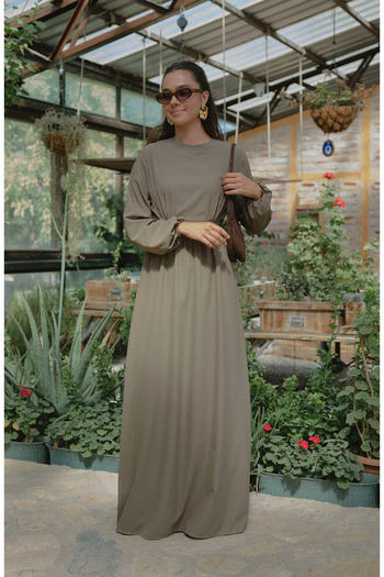 Fatma Atasoy Drapeli Khaki Pompom Chiffon Dress
