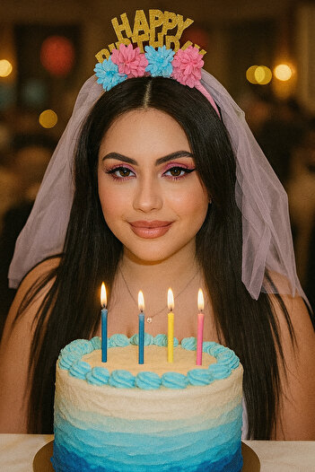 TAKIŞTIR Pink Color Happy Birthday Written Flower Figured Veil Detailed Crown