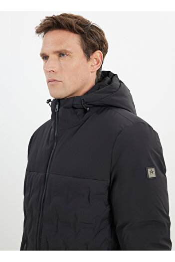 ALTINYILDIZ CLASSICS Standard Fit Normal Cut Hood Collar Quilted Patterned Black Coat with Thermometer
