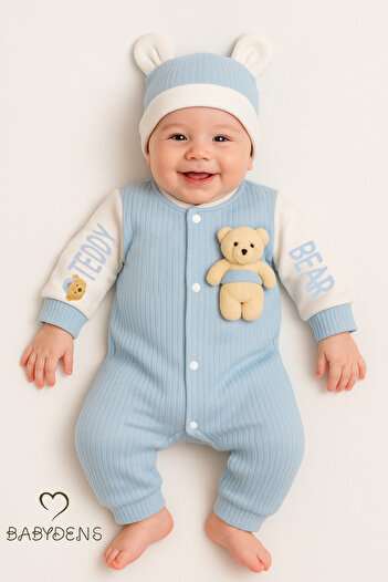 BABYDEN'S Teddy Bear Themed Newborn Ribbed Jumpsuit Set Teddy Bear Baby Boy Jumpsuit Hat Set 100% Cotton