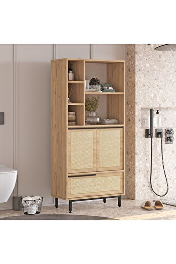 Yurupa Bohem Banyo Dolabı Çok Amaçlı Dolap 3 Kapaklı Metal Ayaklı Uv Baskı Sepet-jüt BOH9C-SU