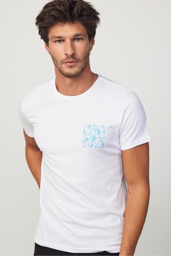 Tudors Ανδρικό T-shirt Slim Fit Slim Fit 100% βαμβακερό τυπωμένο λευκό μπλουζάκι με λαιμόκοψη