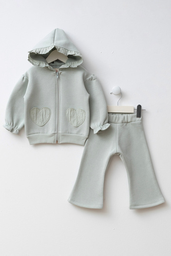 Minipodyum Hooded Heart Detailed Pocket Baby Girl Top and Bottom Set