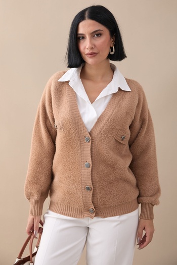 InStyle Camel Knitwear Cardigan - Pocket Detailed and Furry