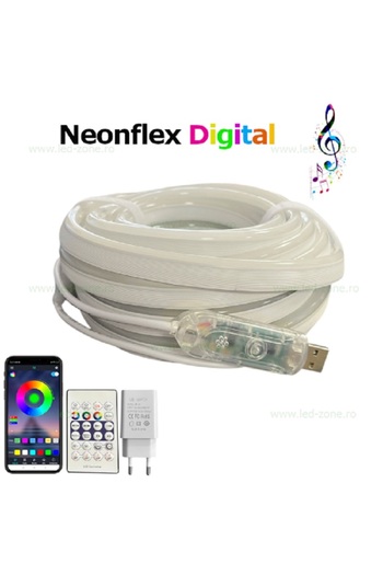 LEDZONE Kit Neonflex LED RGB Digital Muzical 5m Telecomanda si Telefon